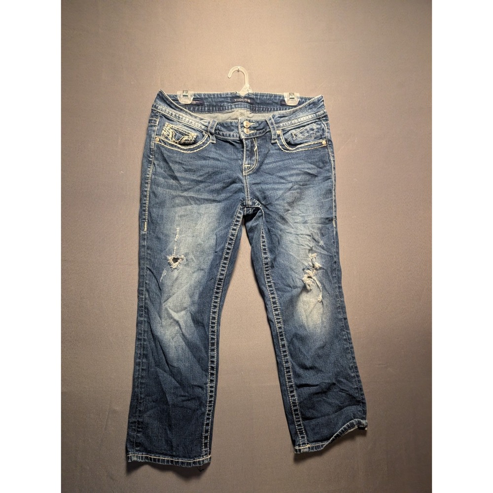 Vigoss The Chelsea Capri Jeans Womens 11x12 Blue Denim Distressed Straight Leg